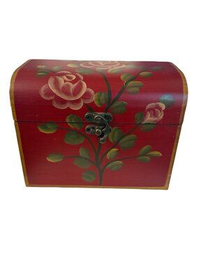 Vintage Hand Painted Floral Wooden Treasure Chest Jewelry Box Red Roses Emrad Cr